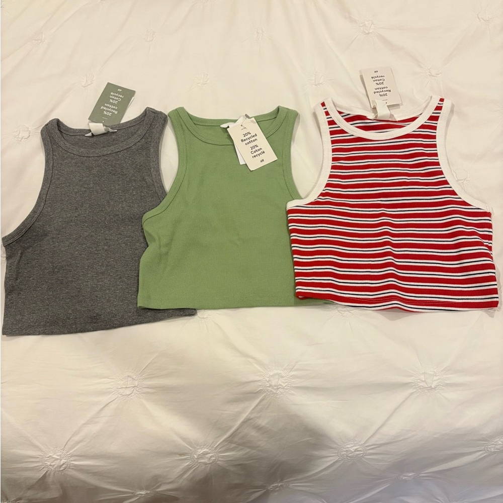 H&M Crop Tank Tops Bundle - Gray, Green, and Red Striped